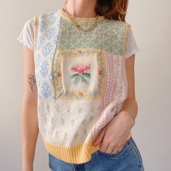 Vintage Hand-Embroidered Funky Floral Sweater Vest - Picture 2 of 8